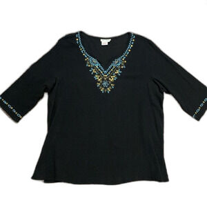 Ulla Popken Black Beaded Embroidered Gauze VNeck 3/4 Sleeve Tunic Top Size 20/22